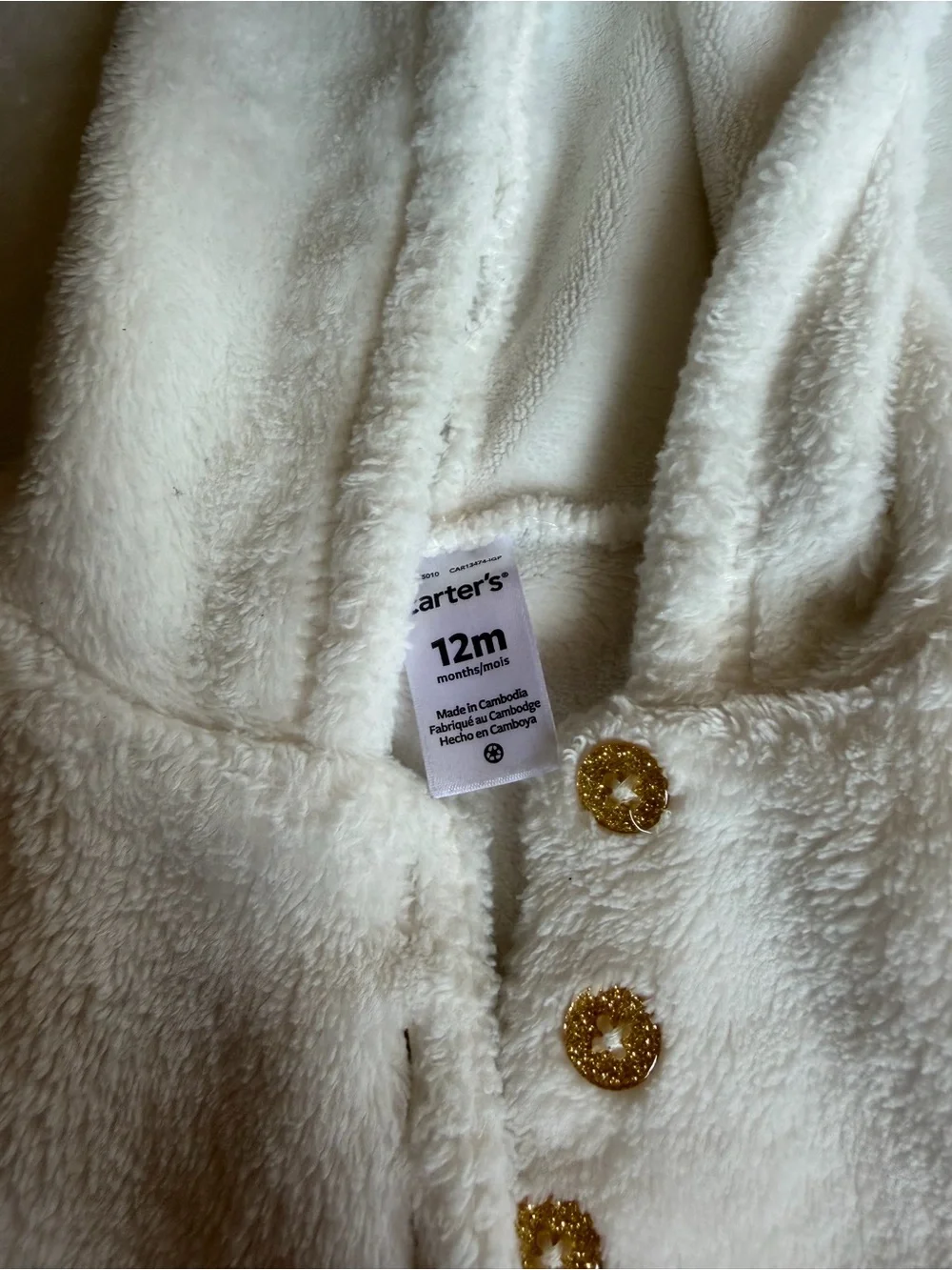 Carter's Cream Plush Hooded Baby Pullover with Decorative Buttons